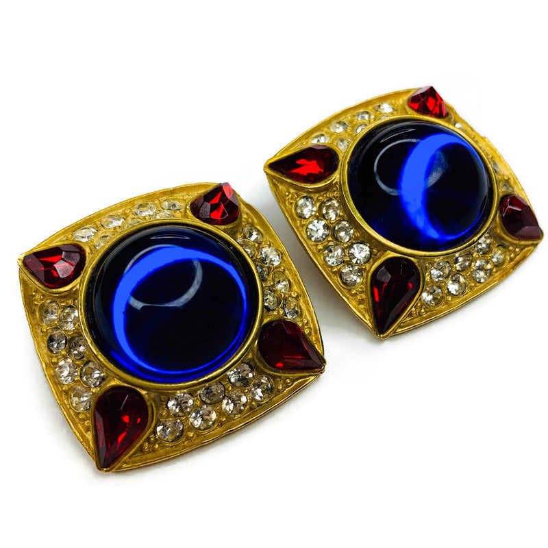 Vintage Gold Tone Square Enamel Blue Red Rhinestone Clip On Earrings