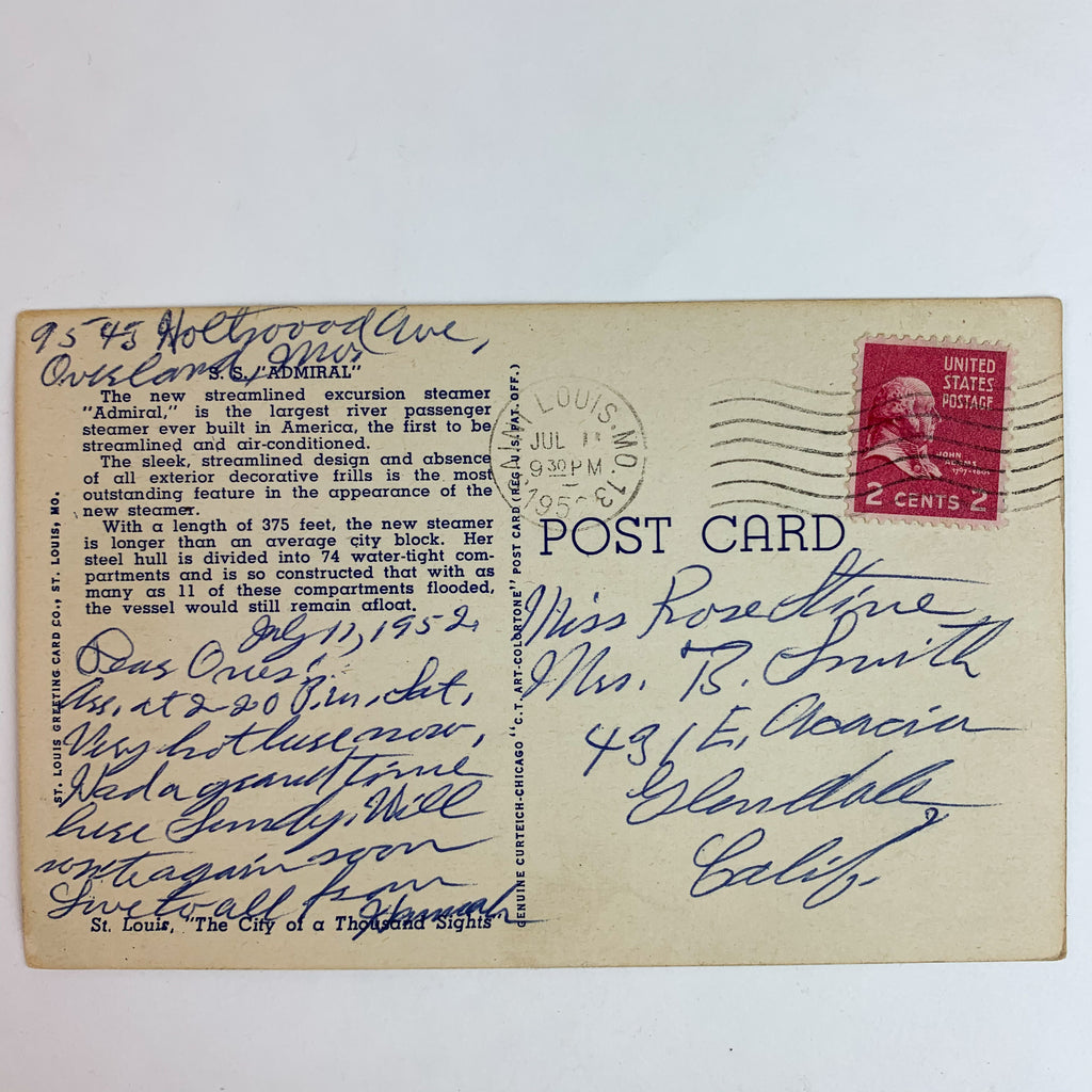 Steamlined Air Conditioned S. S. Admiral Flagship St Louis Ship Linen Postcard