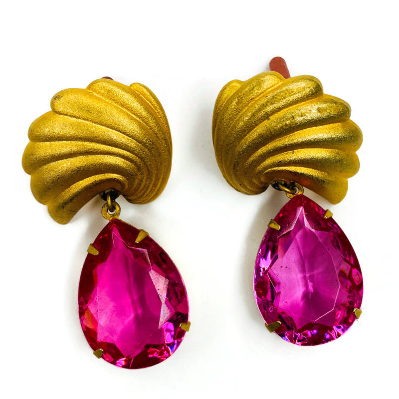 Vintage Pink Stone Drop Shell Post Earrings