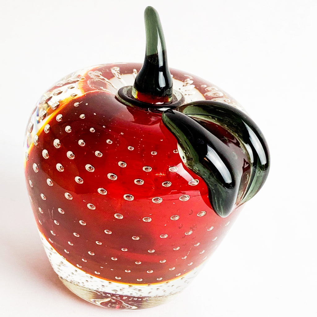 Murano Red Apple Green Stem Paperweight Bubbles