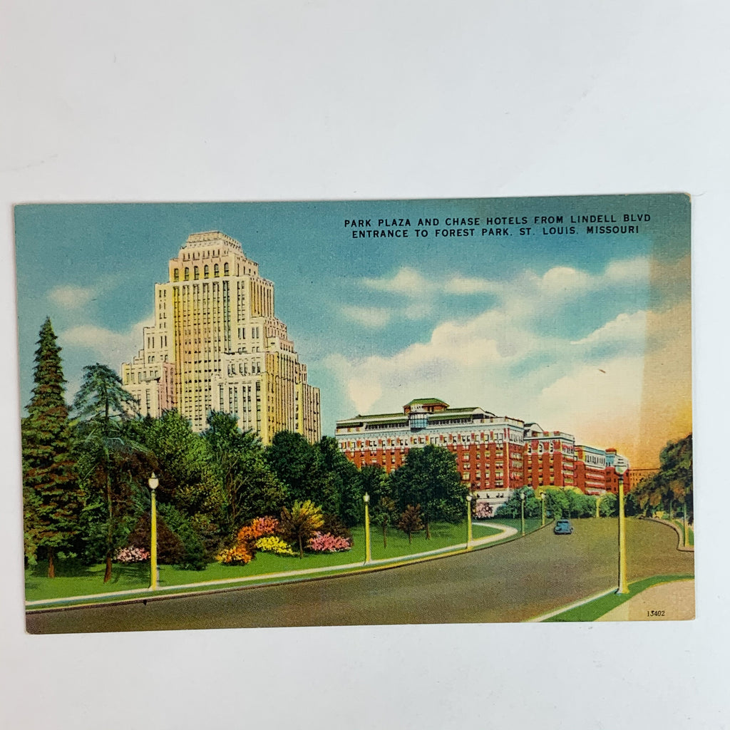 Park Plaza & Chase Hotels from Lindell Blvd Linen St Louis MO Postcard