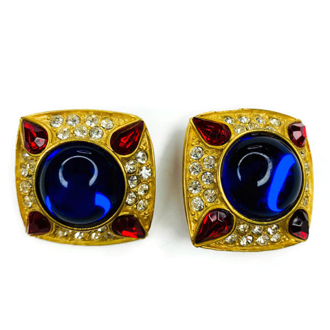 Vintage Gold Tone Square Enamel  Blue Red Rhinestone Clip On Earrings