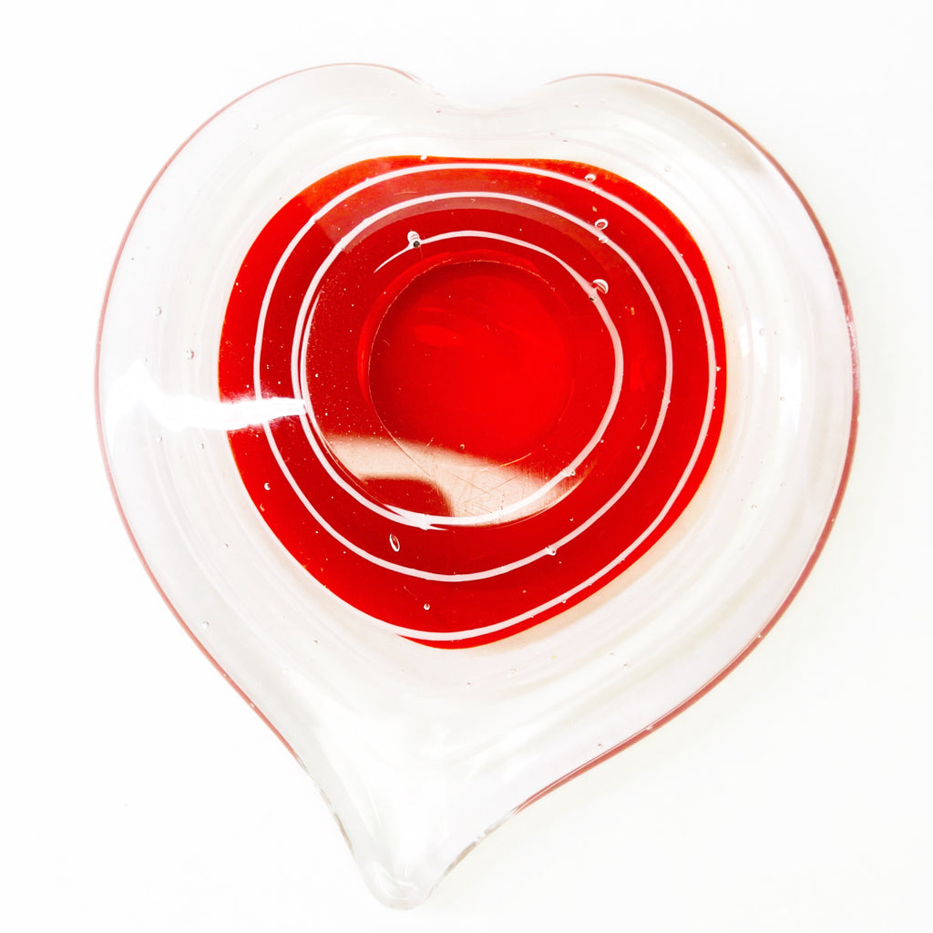 Vintage Glass Red Clear White Swirl Heart Paperweight