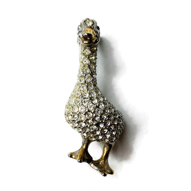 Vintage Rhinestone Blue Eye Duck Brooch Pin
