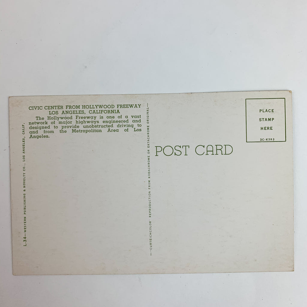 Vintage Civic Center from Hollywood Freeway Los Angeles CA Cars Highway Postcard