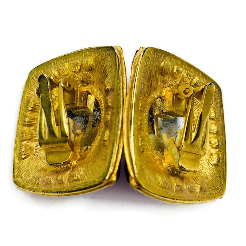 Vintage Gold Tone Square Enamel Blue Red Rhinestone Clip On Earrings