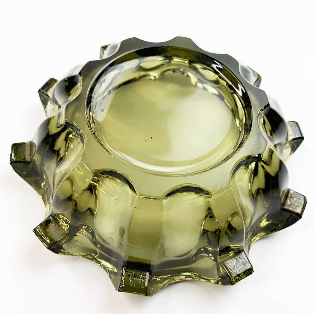 Vintage Mid Century Heavy Olive Green Glass Ashtray