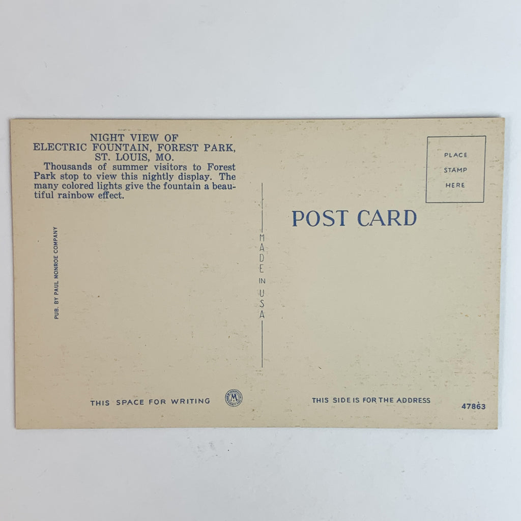 Night View Electric Fountain Forest Park St. Louis, MO Linen Postcard