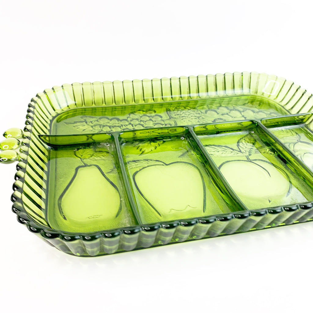 Vintage Divided Green Glass Fruit Design Serving Tray