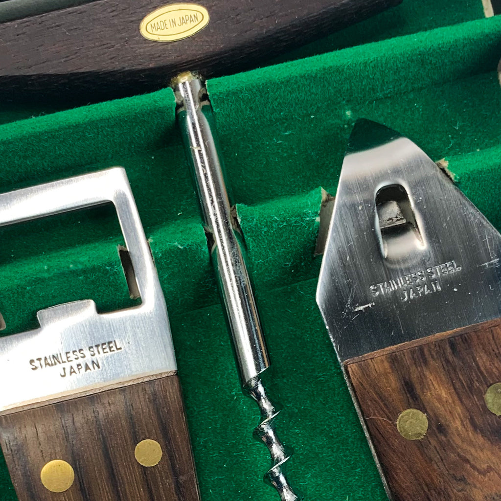 Vintage MCM 3pc Bar Stainless Steel Wooden Set