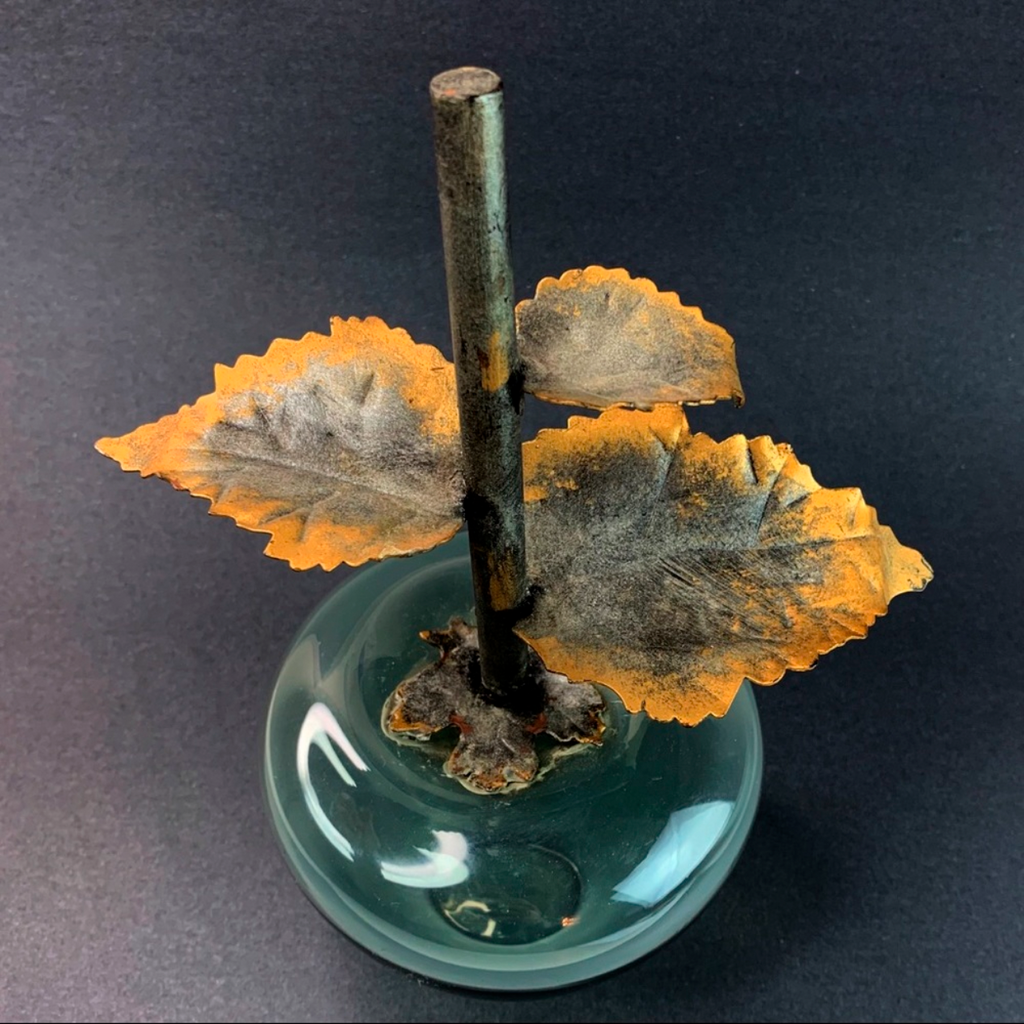 Vintage Apple Art Glass Handblown Metal Stem Leaves