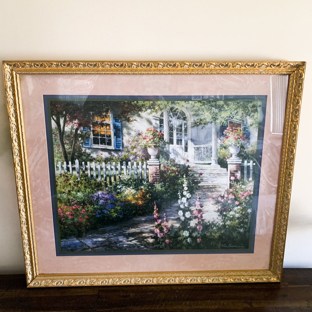 Home Interior Picture Glass Framed Print "Floral Welcome" Pink Gold Designer Series