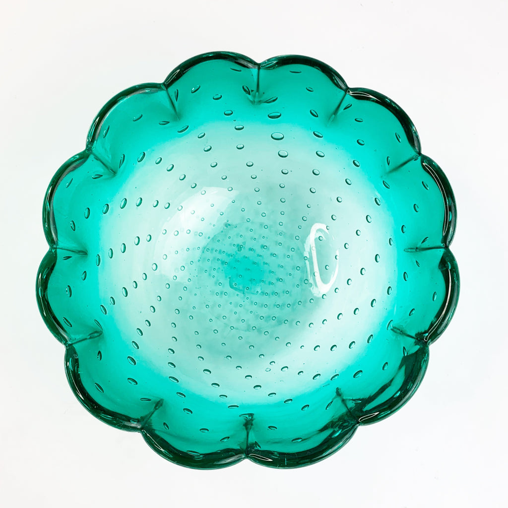 Vintage Scalloped Edge Teal Turquoise Glass Bowl