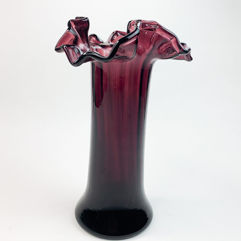 Vintage Plum Purple Outspread Flared Ruffle Glass Vase