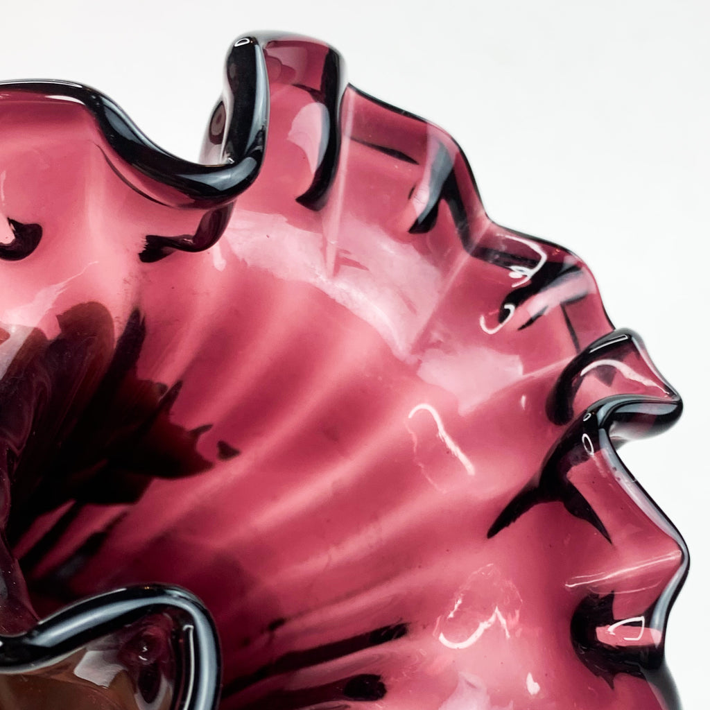 Vintage Plum Purple Outspread Flared Ruffle Glass Vase