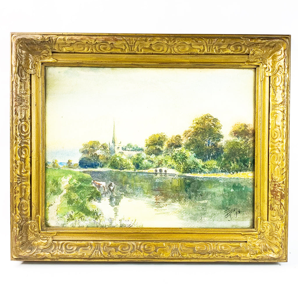 Antique Landscape Animals Signed Wood Framed Art