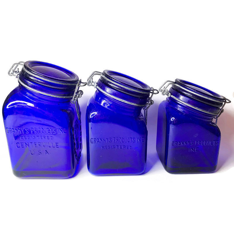 Vintage Colbat Blue Canisters Granny’s Products Peace & Plenty