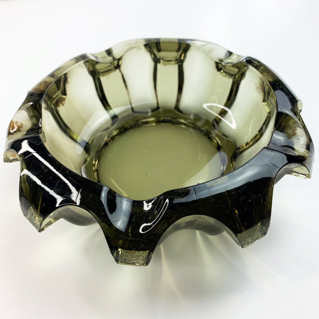 Vintage Mid Century Heavy Olive Green Glass Ashtray