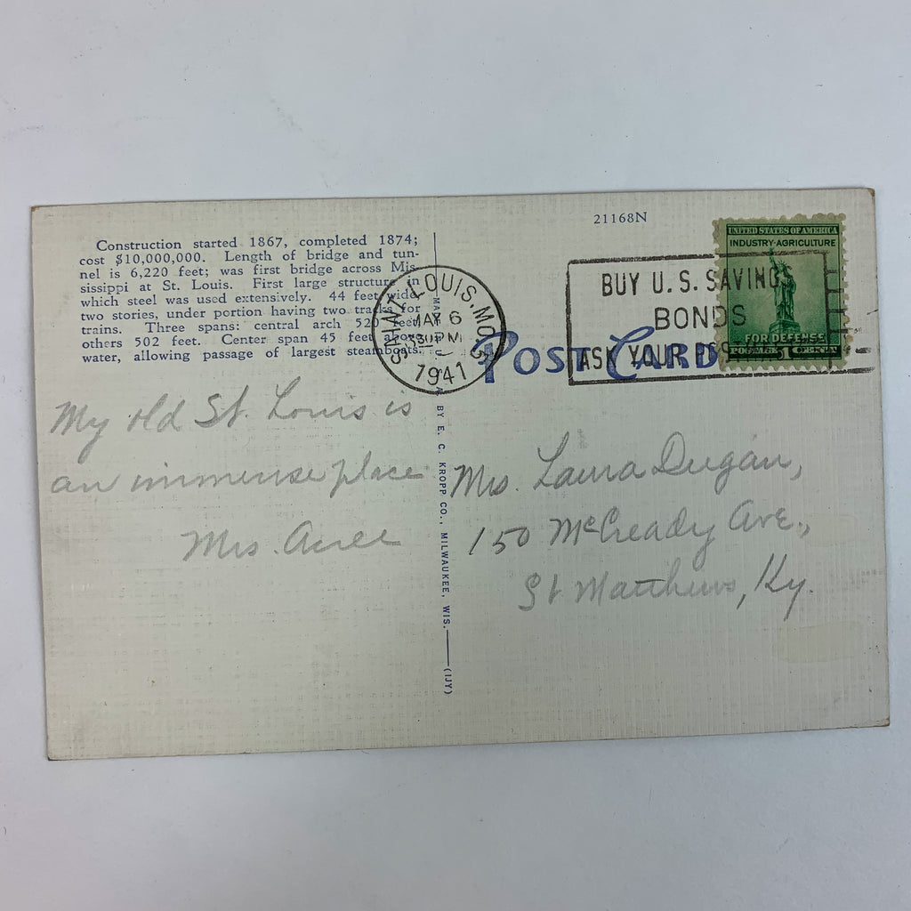 Eads Bridge St Louis Missouri Steamships Vintage Linen Postcard