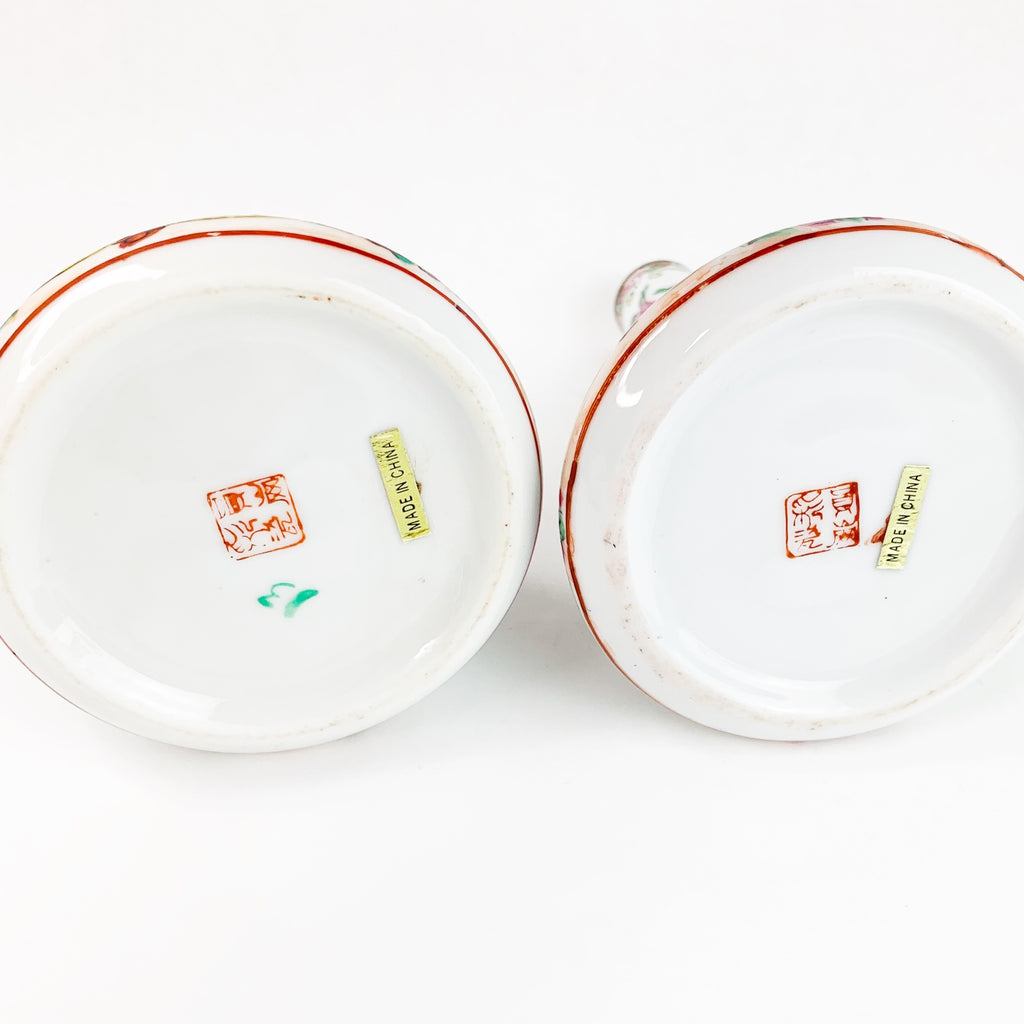 Pair China Chinese Porcelain Rose Bud Bird Heart Pattern Vases