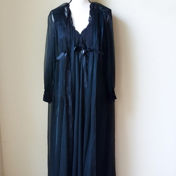 Vintage Miss Eleine Black Sheer Nightgown & Robe
