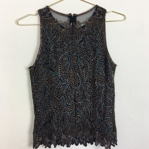 Laurence Kazar Beaded Sleeveless Evening Silk Top