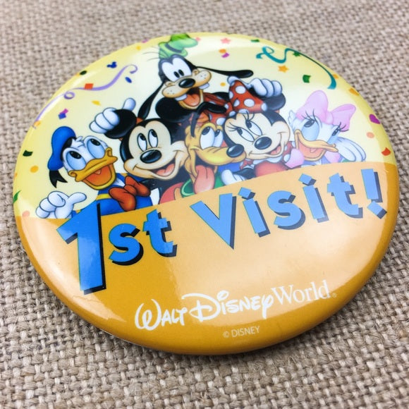 Walt Disney World WDW First 1st Visit Button Pin Badge Mickey Goofy Pluto 3"