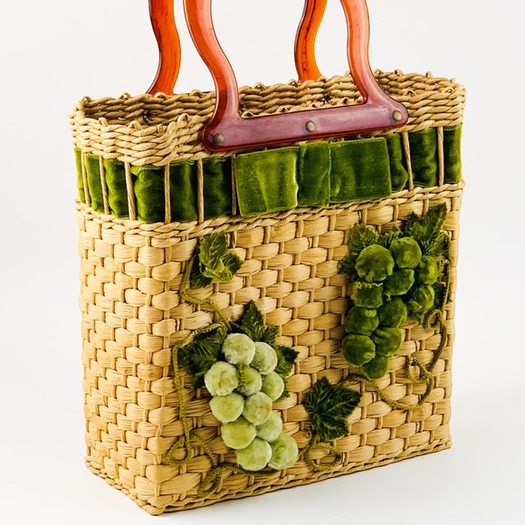 Vintage 60's Wicker Straw Woven Felt Grape Bag