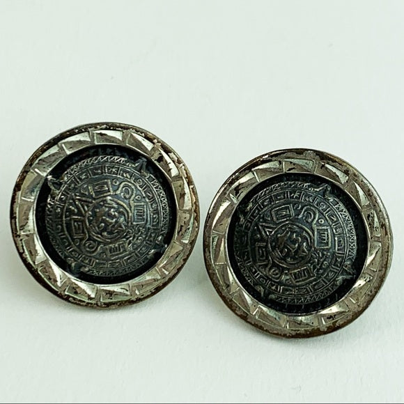 Vtg Mayan Aztec Calendar 925 Sterling Silver Set