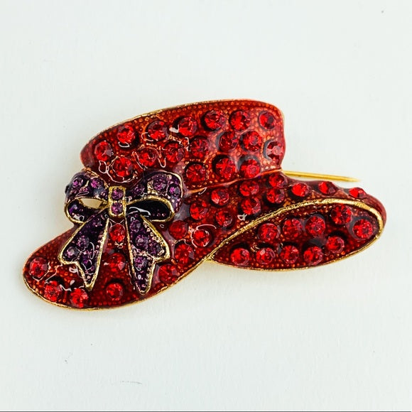 Brooch Red Hat Purple Bow Ribbon Gold Tone Pin