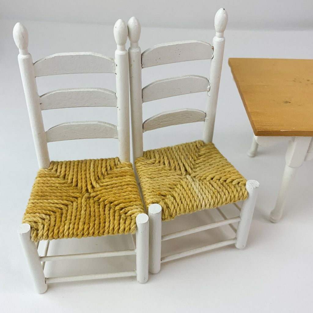 Dollhouse Miniature Kitchen Furniture White Wood Dining Table 2 Chairs