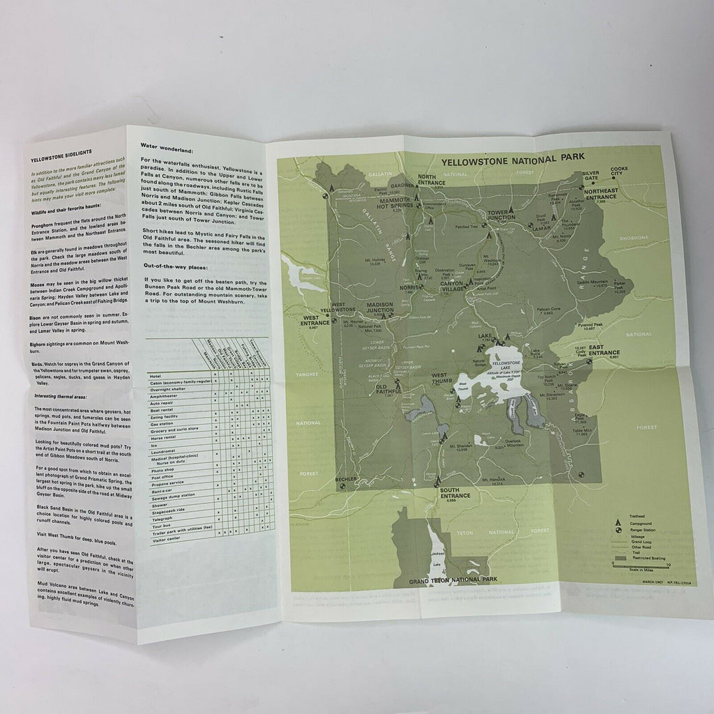 Vintage Yellowstone National Park Fold Out 1967 Map & Guide