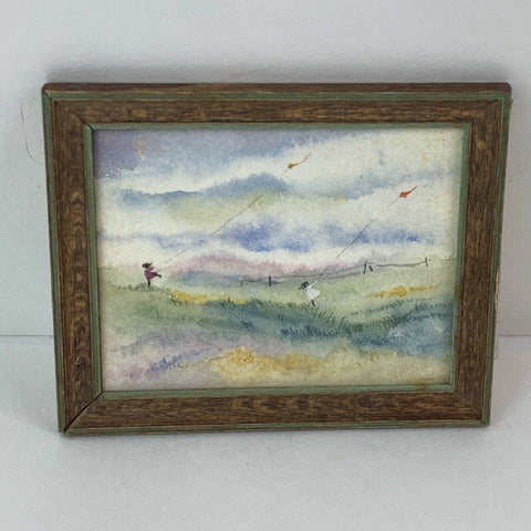 Miniature Dollhouse Wood Artwork Framed Picture Flying Kite Teri Jonas