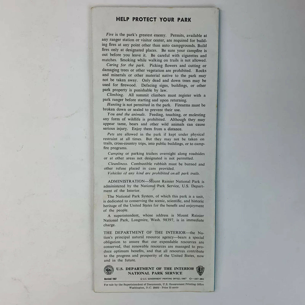 Vintage Mt. Rainier National Park Map and Guide 1966