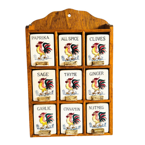 Vintage Fred Roberts Rooster Wooden Ceramic Spice Rack Made in Japan