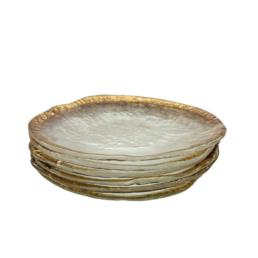 Vintage Textured Glass Bowl Glacier Pebble Gold Trim Edge Plates Set of 6