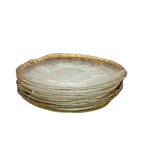 Vintage Textured Glass Bowl Glacier Pebble Gold Trim Edge Plates Set of 6