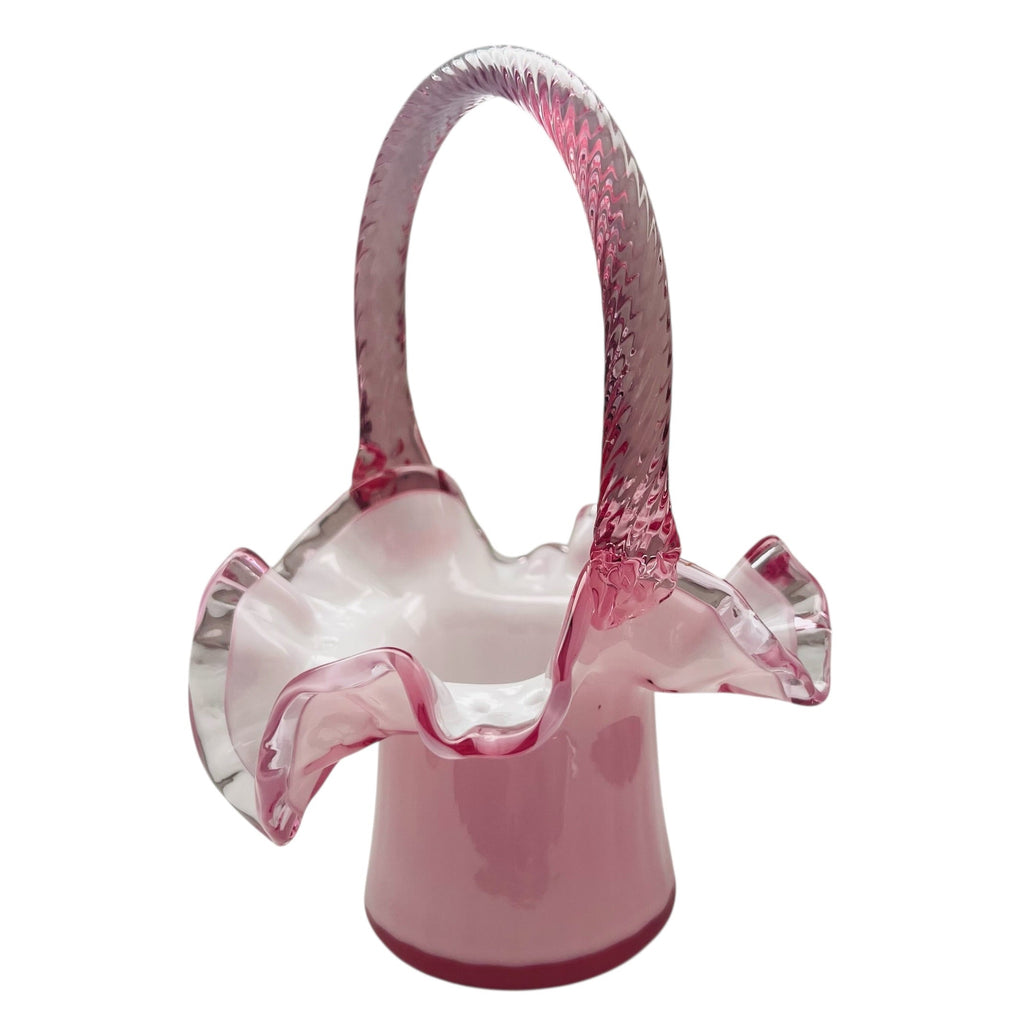 Vintage Fenton Pink Glass Cased White Ruffle Edge Basket