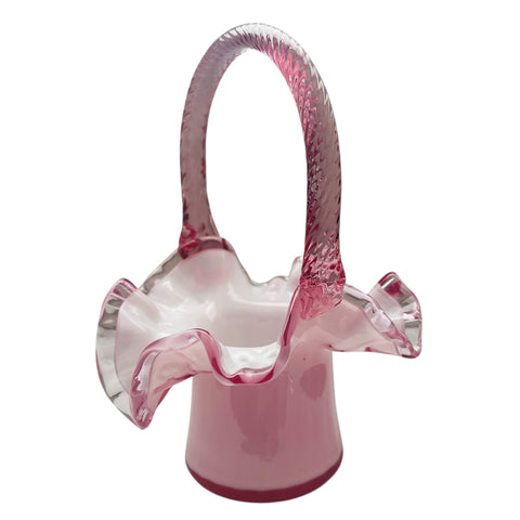 Vintage Fenton Pink Glass Cased White Ruffle Edge Basket