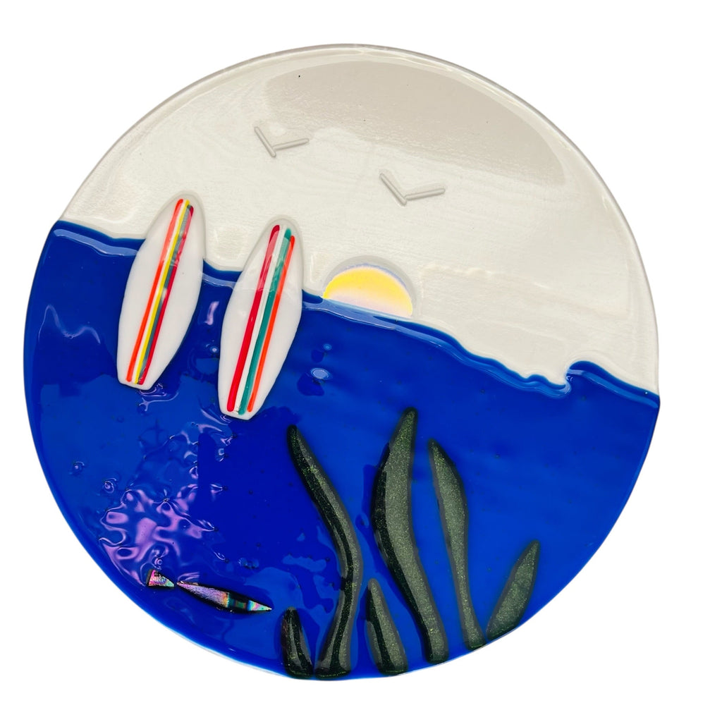 Round Fused Glass Ocean Surf Scene Art Decor