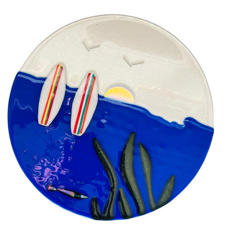 Round Fused Glass Ocean Surf Scene Art Decor