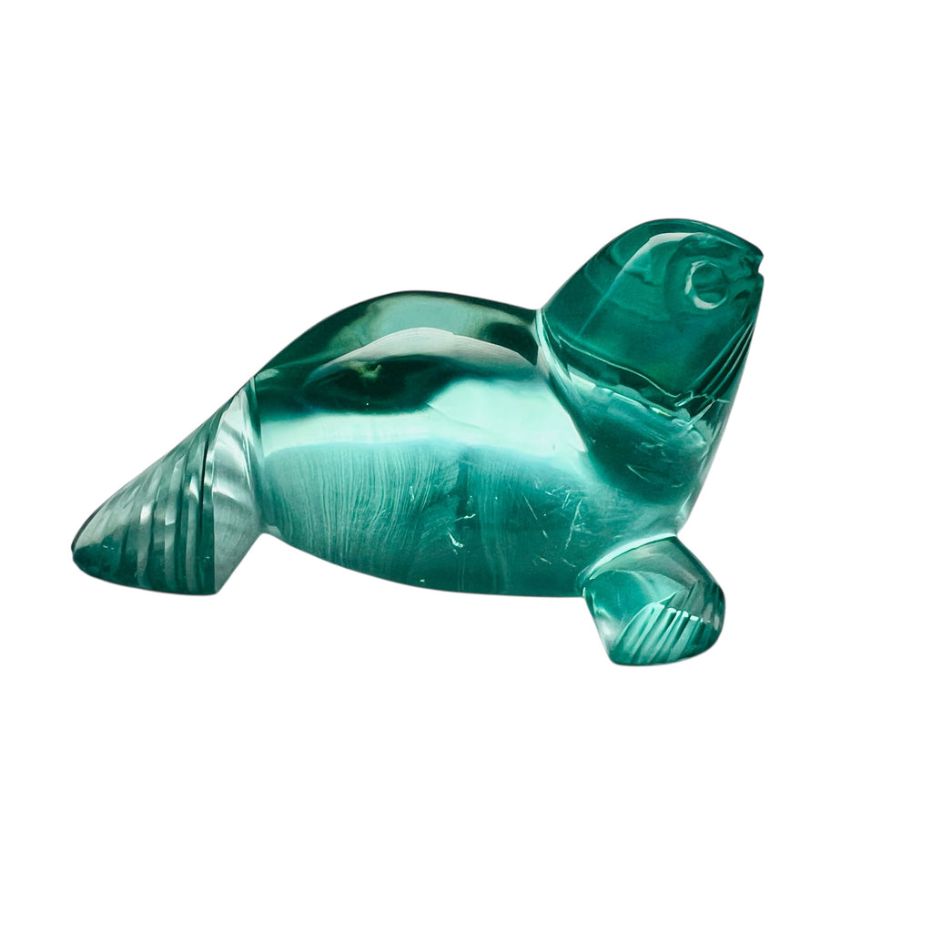 Vintage Green Etched Glass Seal Figurine Paperweight