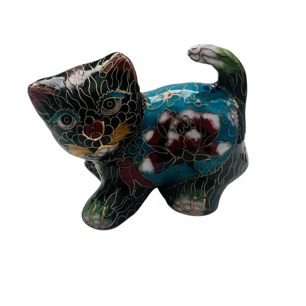 Vintage Chinese Cloisonne Copper Brass Enamel Cat Figurine Statue