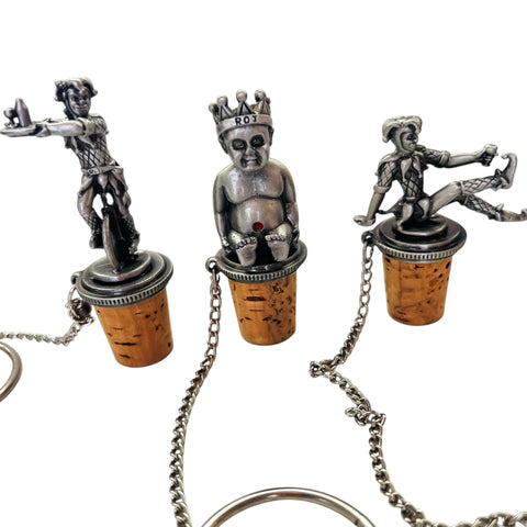 Vintage Royal Order Jesters Pewter Wine Bottle Cork Stoppers & Neck Chains Figurines