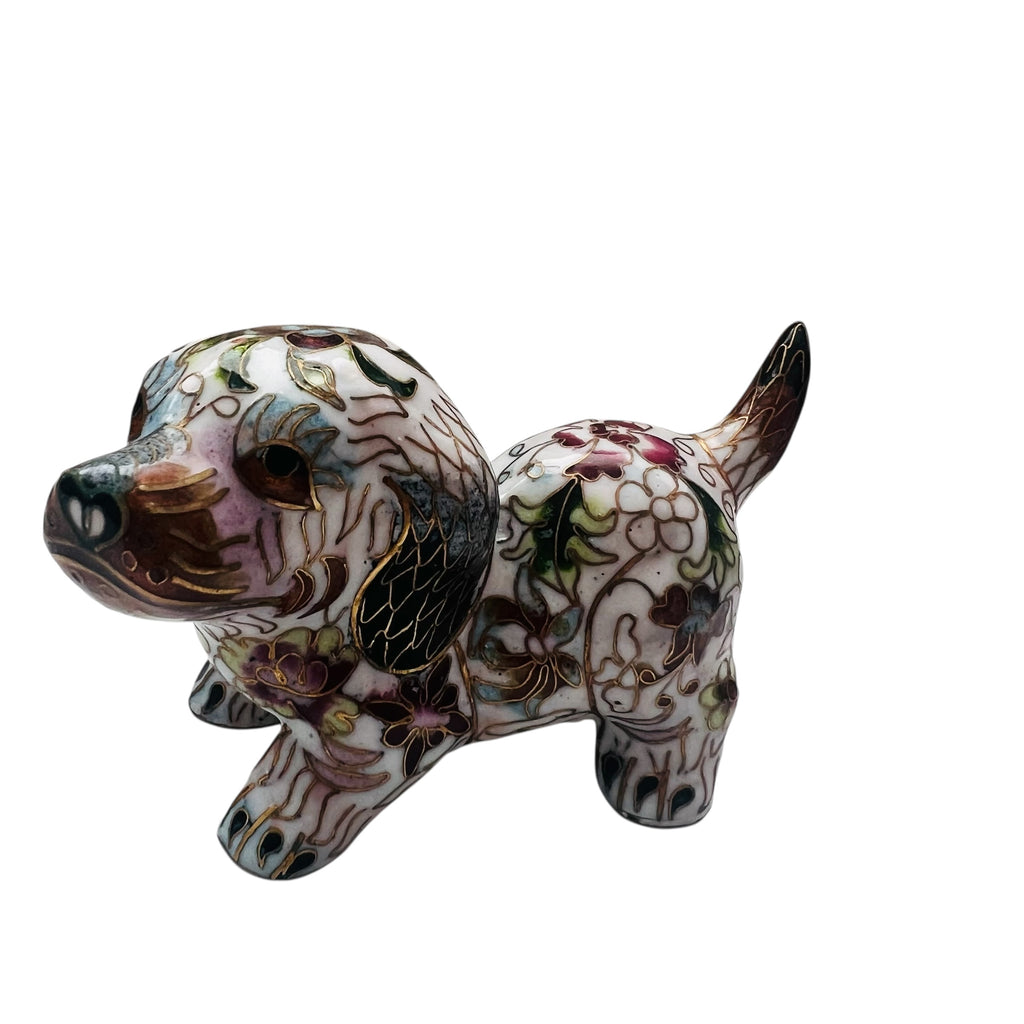 Vintage Chinese White Cloisonne Copper Brass Enamel Dog Figurine Statue