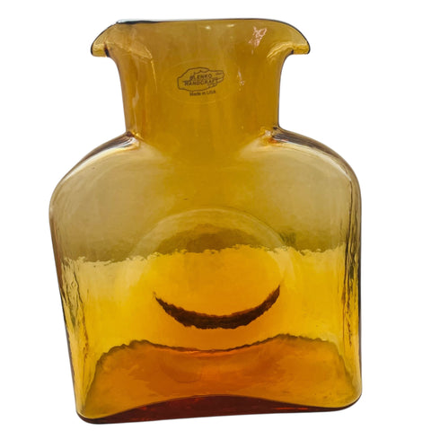 Vintage Blenko Amber Yellow Glass Double Spout Water Bottle Carafe Pitcher Vase