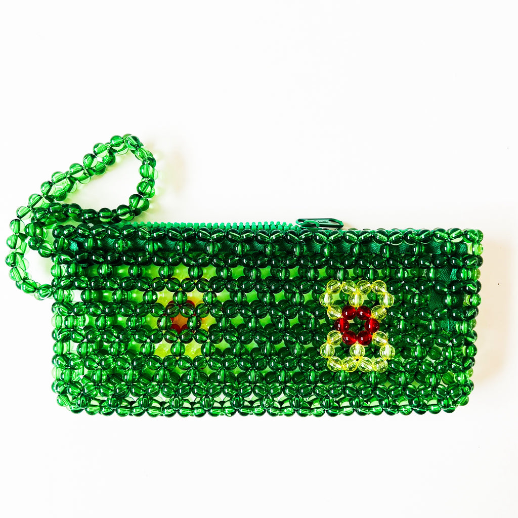 Vintage Jourdan Beaded Flower Design Wristlet Zipper Clutch Bag