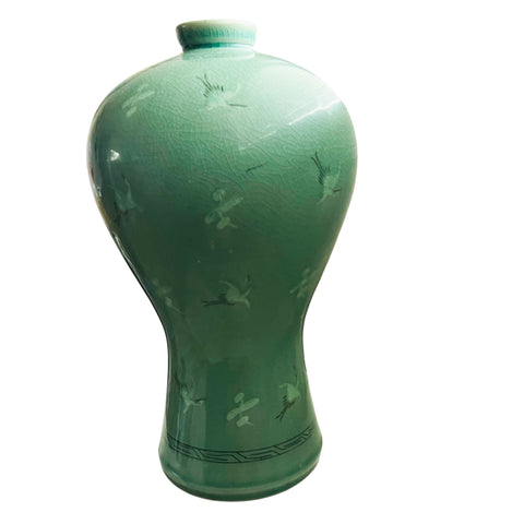 Korean Celadon Ceramic Green Crackle Glazed Signed Stamped Vase with Cranes