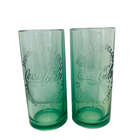 Coca Cola Green Embossed Glass Tumblers - Pair
