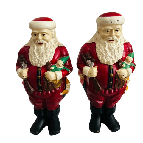 Vintage Cast Iron Painted Santa Claus Fireplace Andirons Figurines -Pair